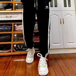 Luxury Balenciaga Sweatpants Black Double-Sided Fabric Patch Side Stripes