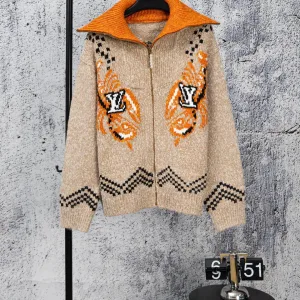 Designer Louis Vuitton Cardigan Red Wool Blend Jacquard Relaxed Fit Streetwear Winter Pattern
